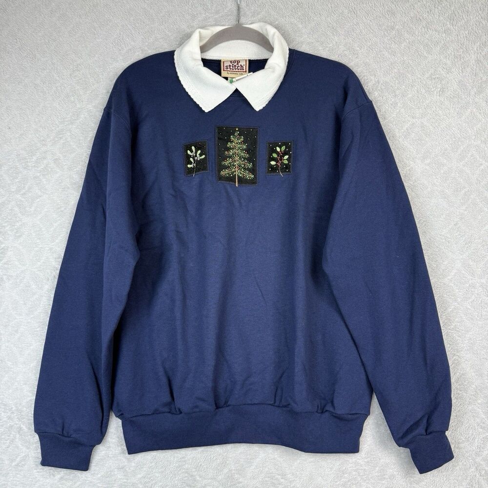 Vtg 90s Holiday Collared Sweatshirt Women Large Blue Christmas Grandmacore Cabin